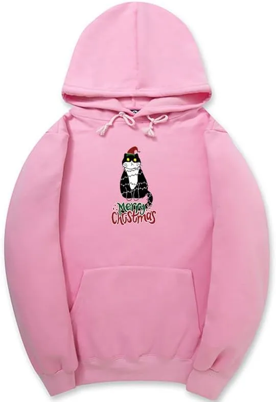 CORIRESHA Women's Unisex Cute Christmas Cat Hoodie Long Sleeve Drawstring Pocket Funny Sweatshirt