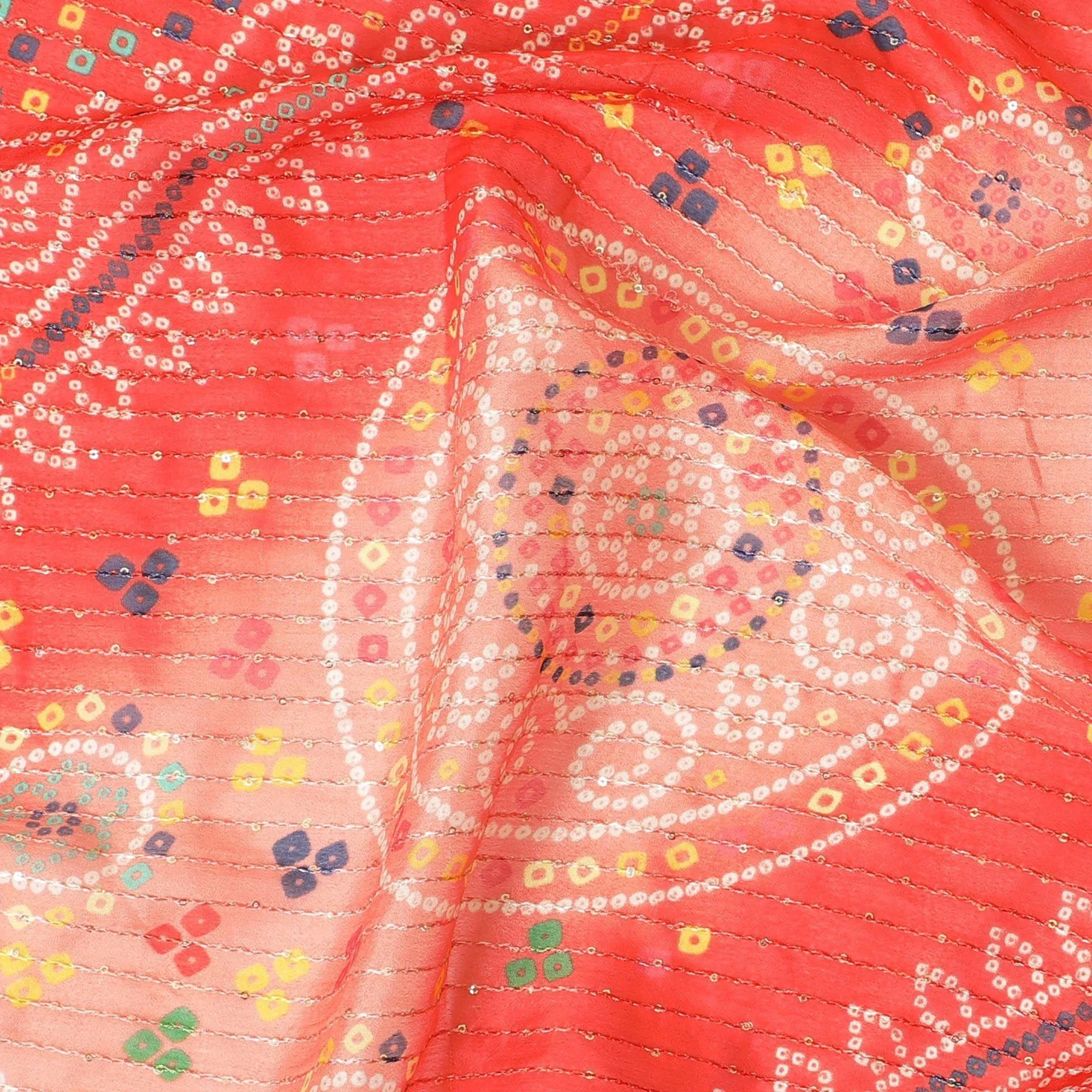 Crimson red synthetic chiffon fabric with same tone embroidery stripe having multicolor print and sequins in geometric design-D9755