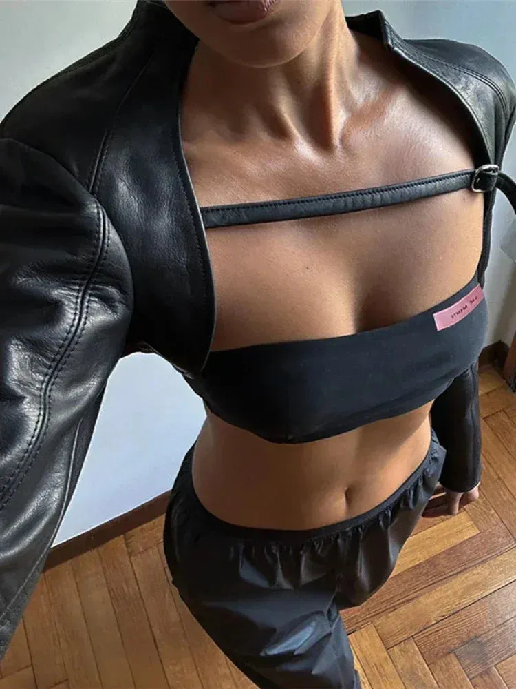 Crop PU Leather Jacket Women with Tube Top Two Piece Set Streetwear Fashion Black Coats Winter Clothes C71-CH22