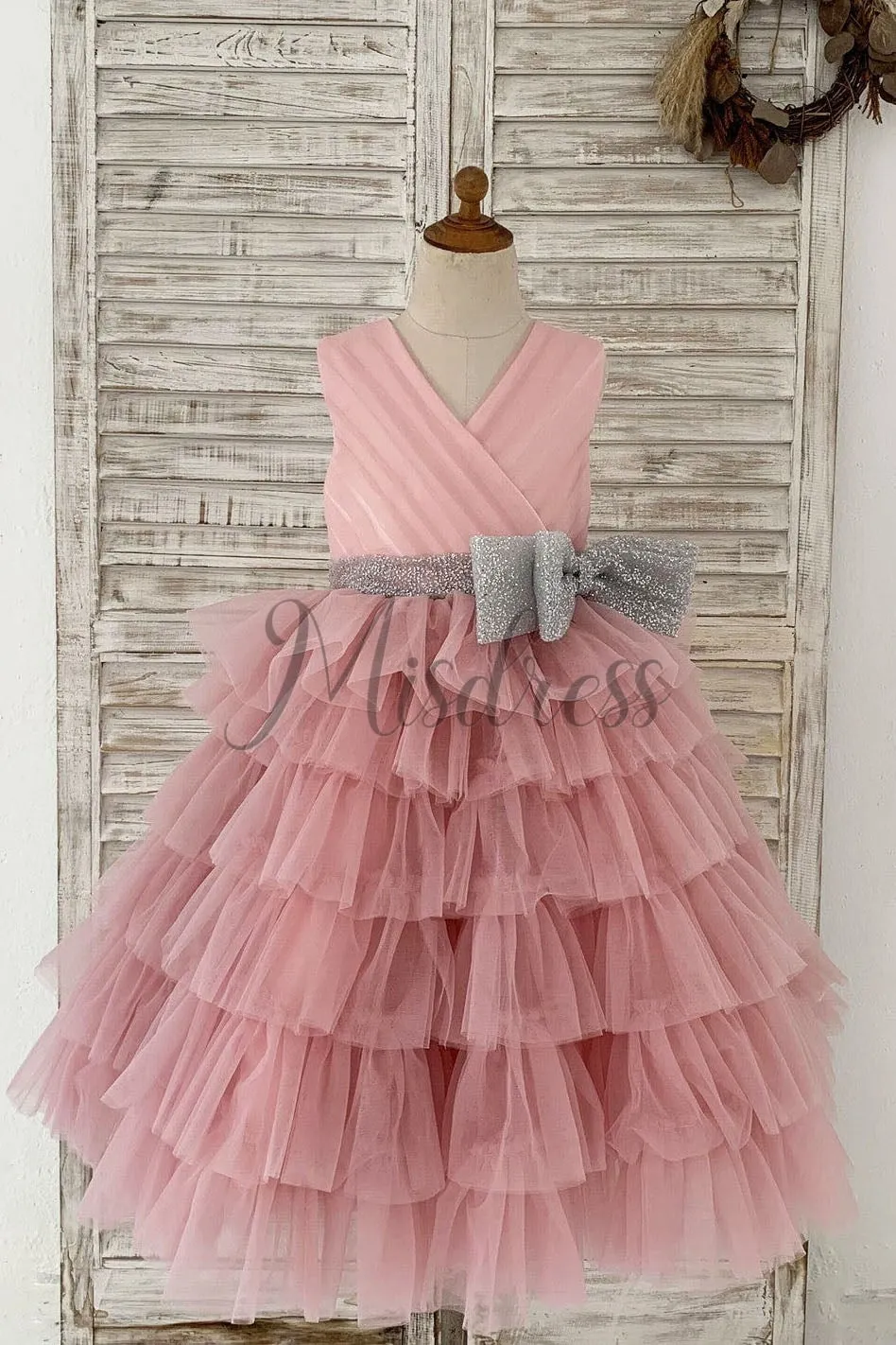 Cupcake Mauve Tulle V Neck Wedding Flower Girl Dress, Glittering Belt Bow