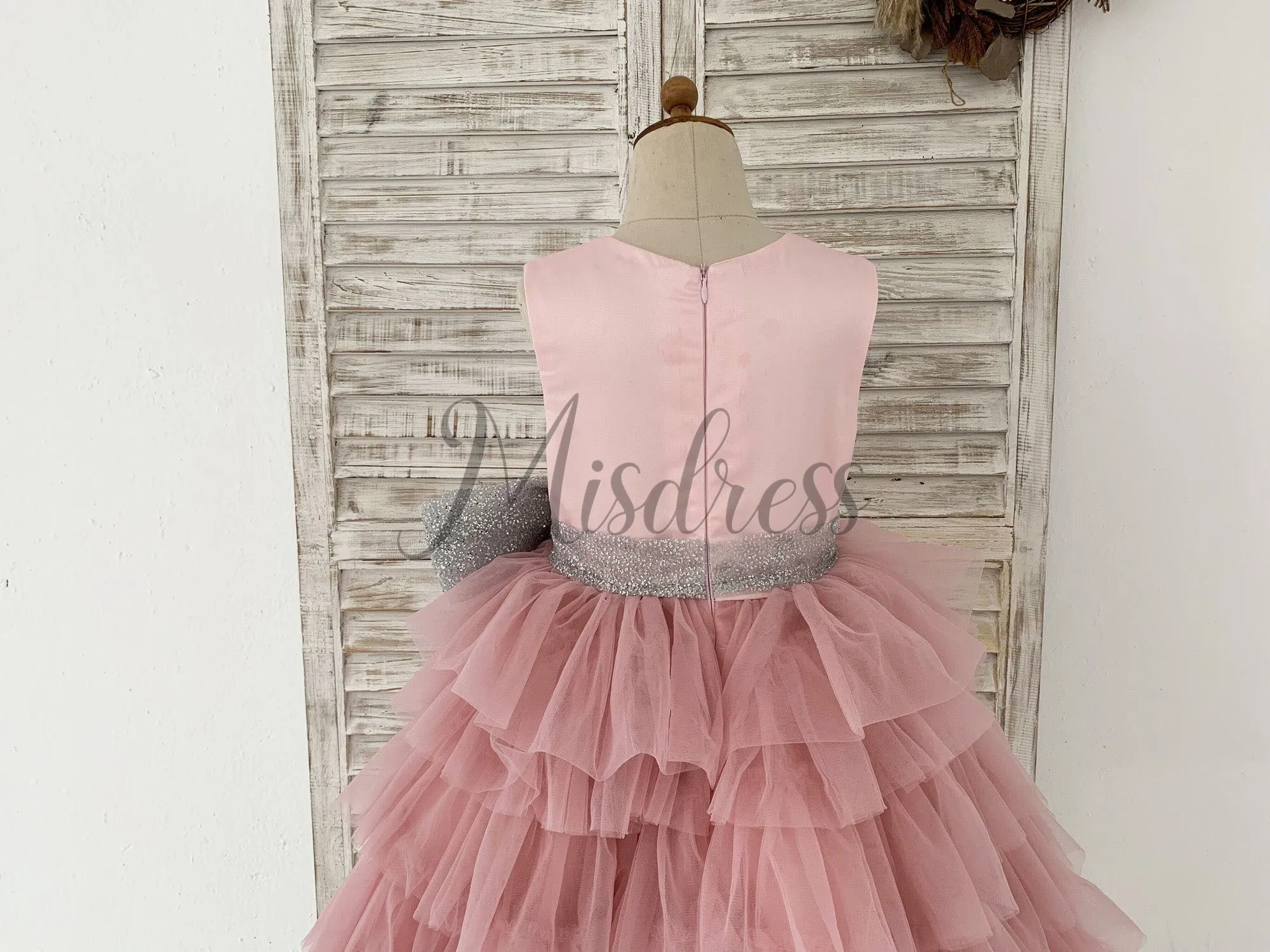 Cupcake Mauve Tulle V Neck Wedding Flower Girl Dress, Glittering Belt Bow