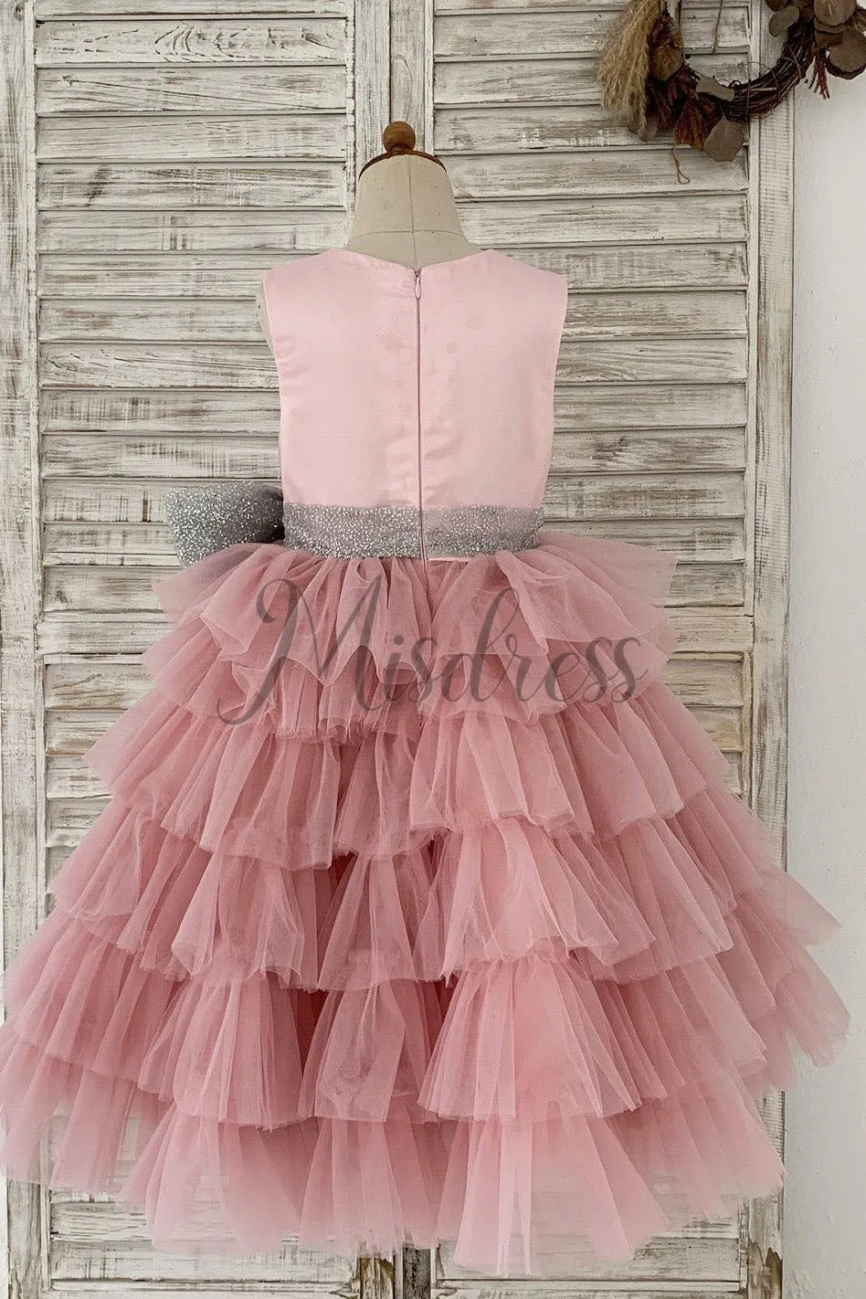 Cupcake Mauve Tulle V Neck Wedding Flower Girl Dress, Glittering Belt Bow