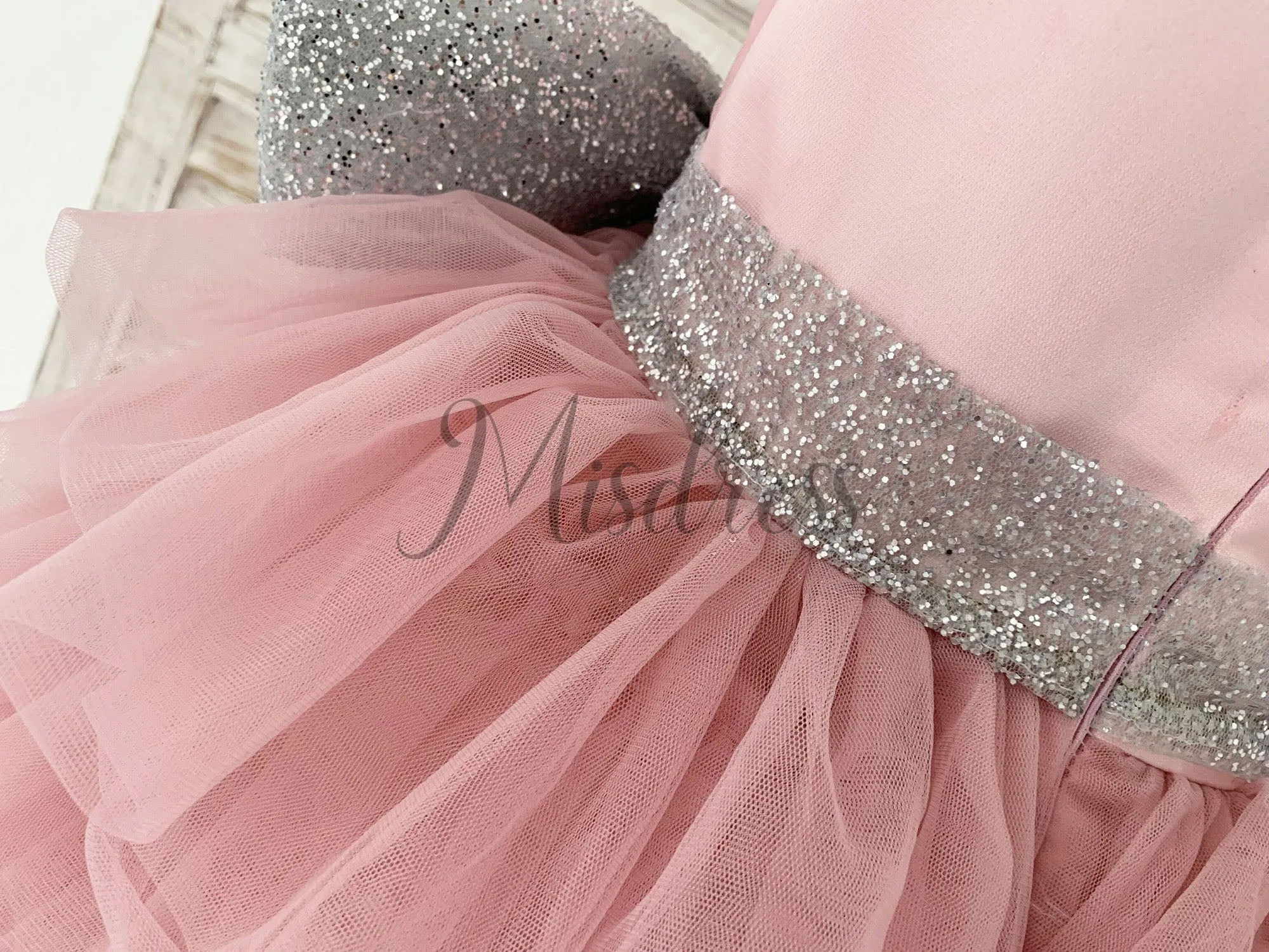 Cupcake Mauve Tulle V Neck Wedding Flower Girl Dress, Glittering Belt Bow