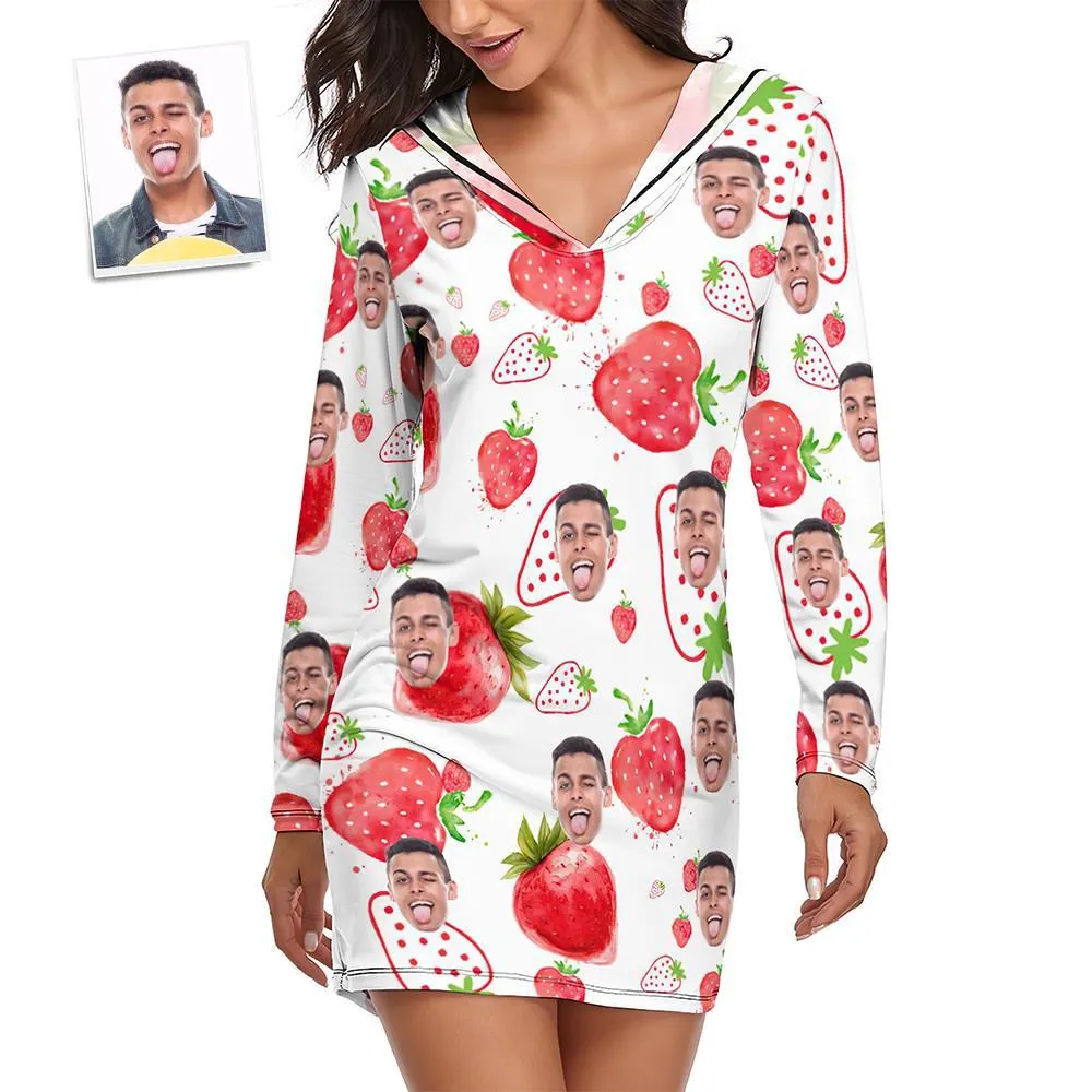 Custom Face Pajamas Women's Pajama Sets Long-sleeved Dress Summer Sleepwear - Strawberry