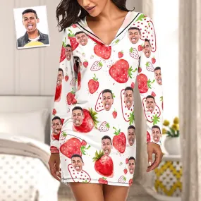 Custom Face Pajamas Women's Pajama Sets Long-sleeved Dress Summer Sleepwear - Strawberry