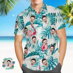 Custom Photo Hawaiian Shirt Personalized Face Flamingo Green Leaves Hawaiian Shirt