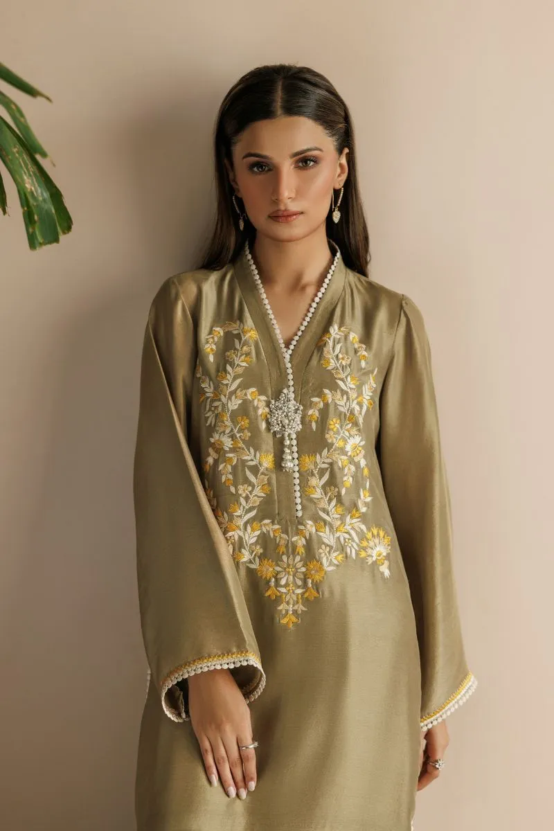 Deepak Perwani - Kut296 - Raw Silk - Green & Ochre - 3 Piece