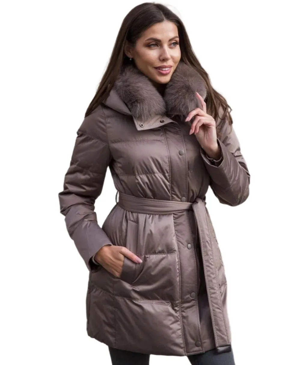 Désirée Polar Fox Fur Belted Down Coat