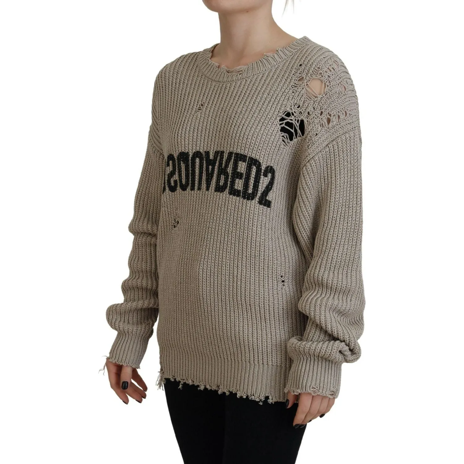 Dsquared² Beige Cotton Knitted Crewneck Pullover Sweater