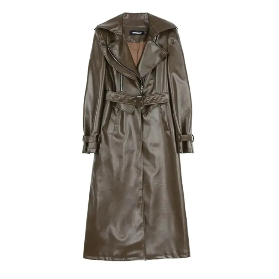 Elegant Long Sleeve PU Leather Trench Coat