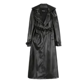 Elegant Long Sleeve PU Leather Trench Coat