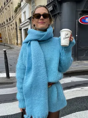 Elegant Solid Knitted Pullover With Scarf Women Fashion O Neck Long Sleeve Loose Sweater