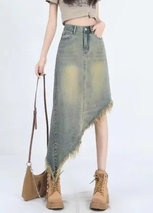 Fashion Blue Asymmetrical Tasseled Denim Skirt Summer EE1012