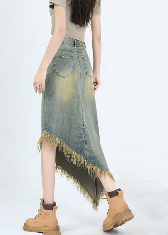 Fashion Blue Asymmetrical Tasseled Denim Skirt Summer EE1012