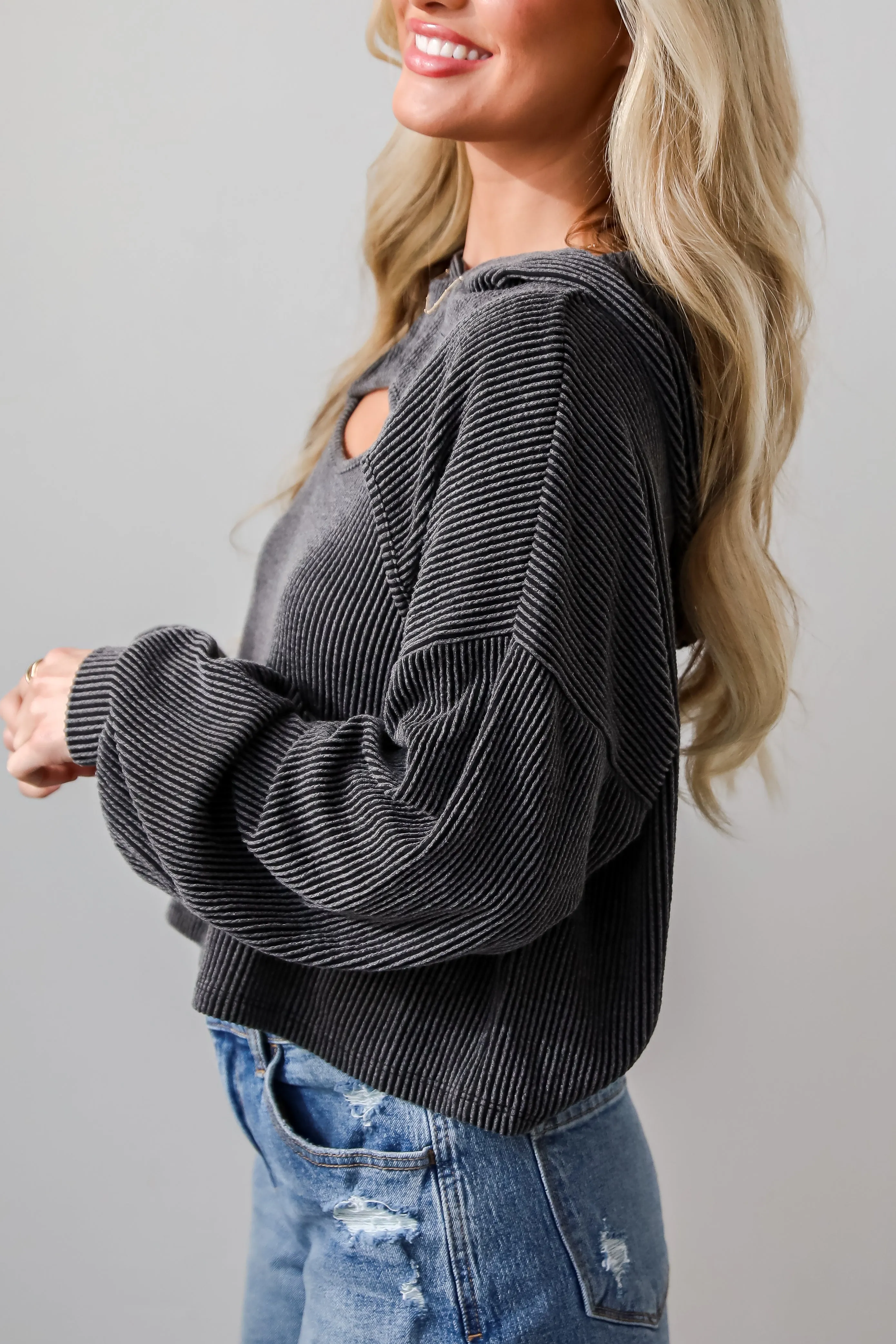 FINAL SALE - Lucky Break Charcoal Corded Cutout Cropped Hoodie