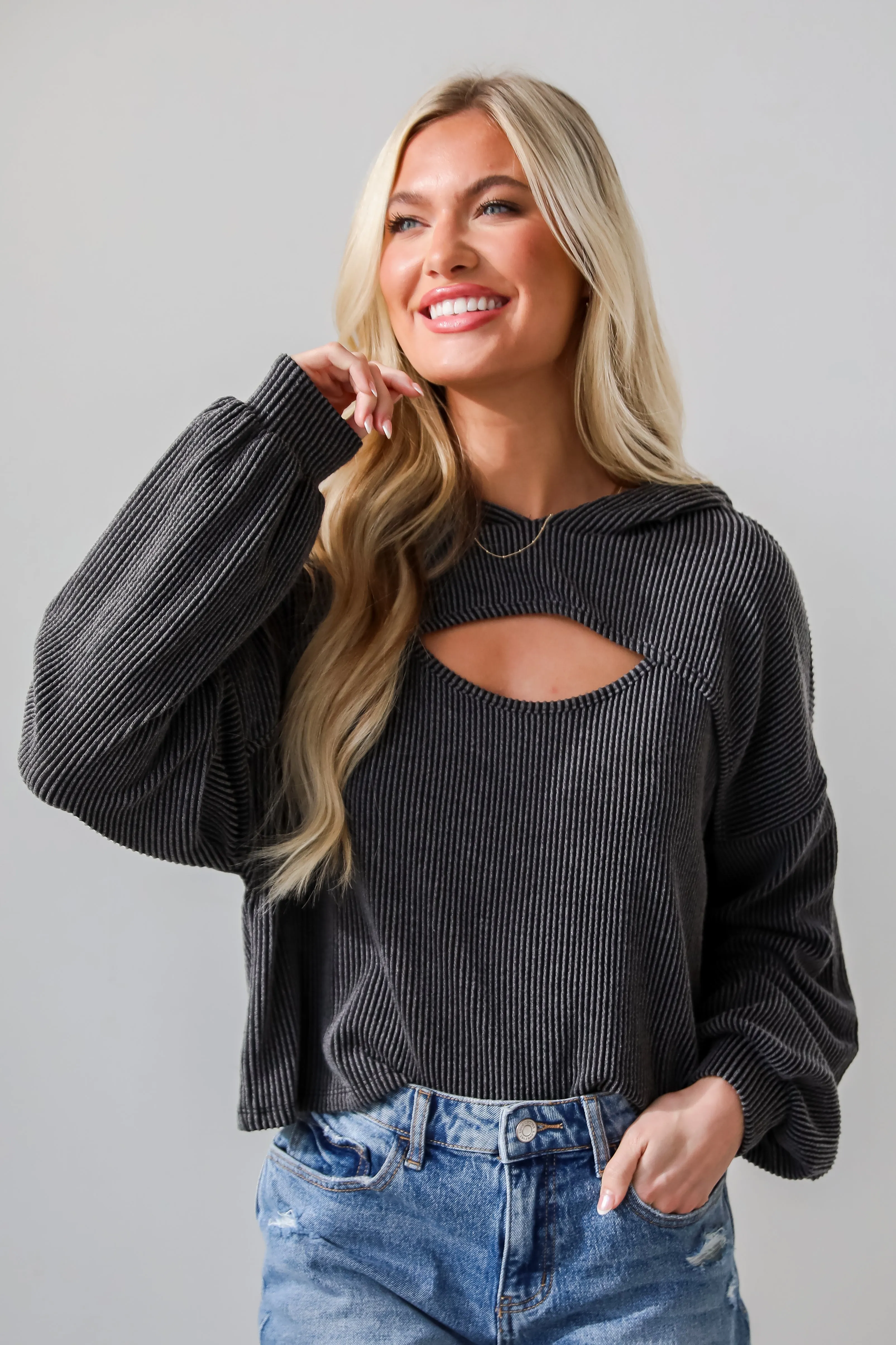 FINAL SALE - Lucky Break Charcoal Corded Cutout Cropped Hoodie