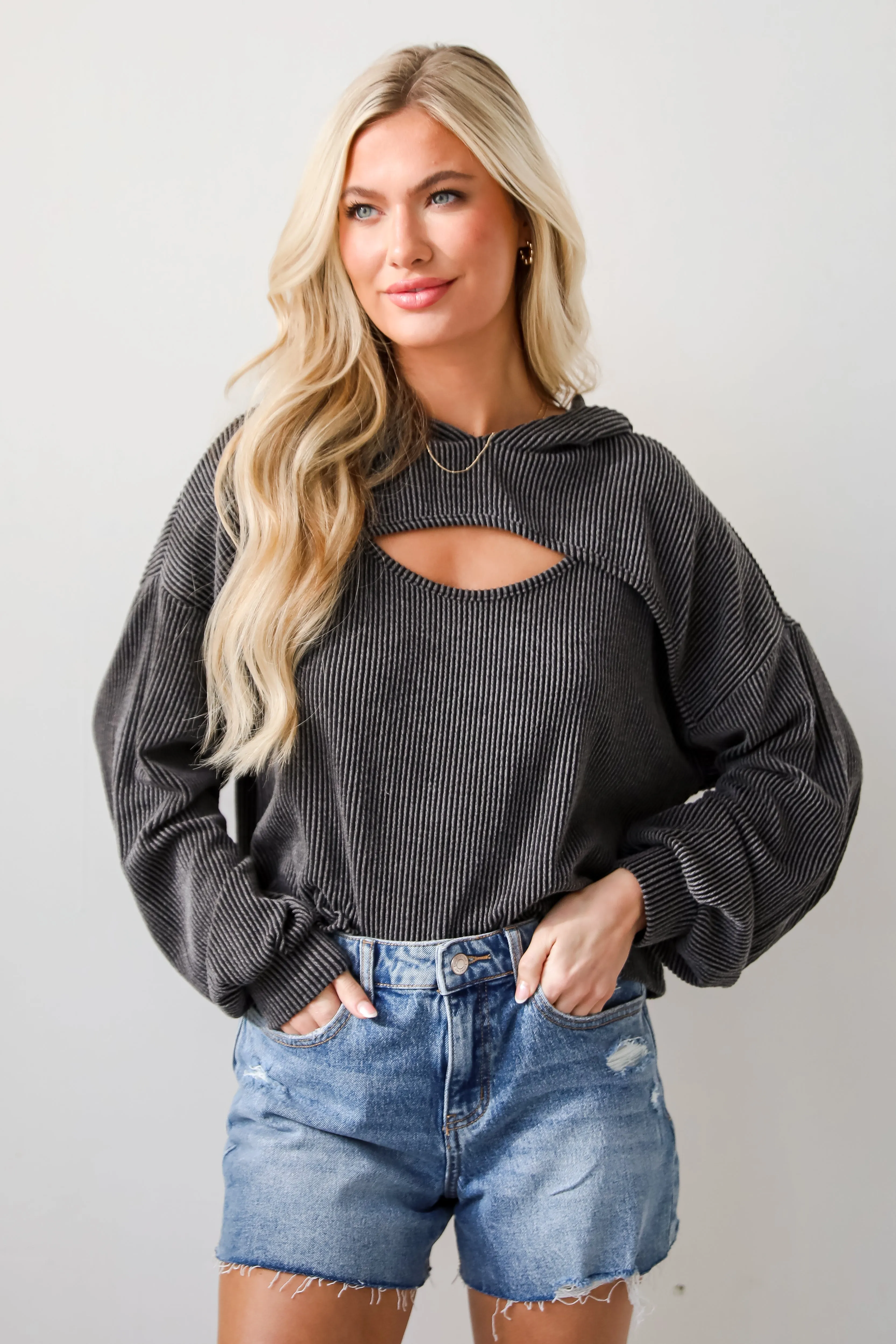 FINAL SALE - Lucky Break Charcoal Corded Cutout Cropped Hoodie