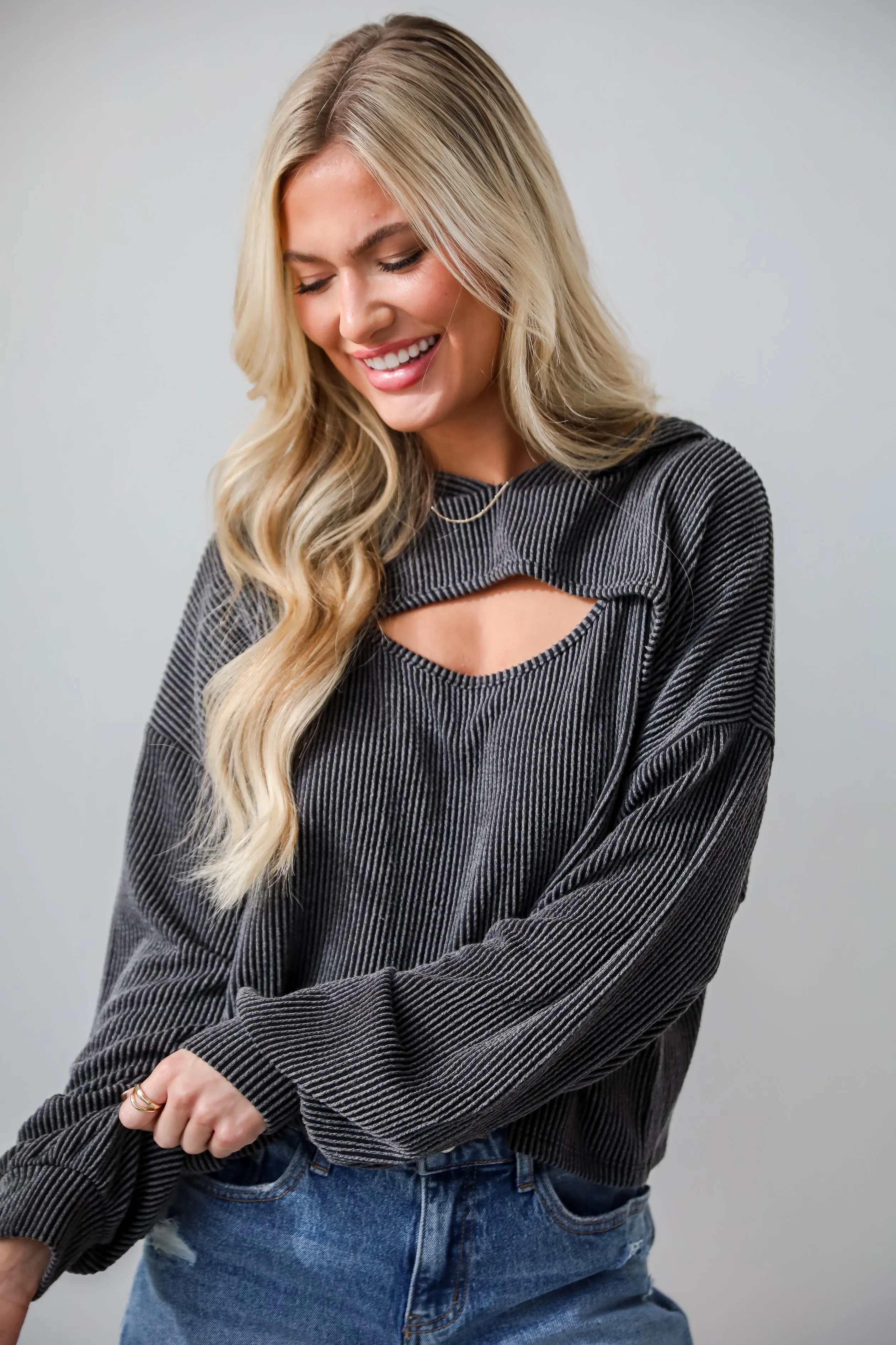 FINAL SALE - Lucky Break Charcoal Corded Cutout Cropped Hoodie