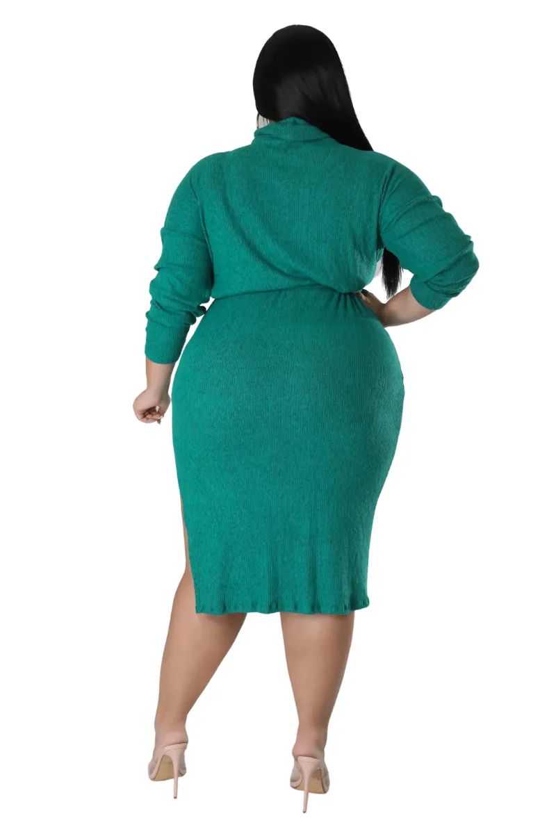 Final Sale Plus Size Long Sleeve Turtleneck Dress with Waist Tie and Slit in Green