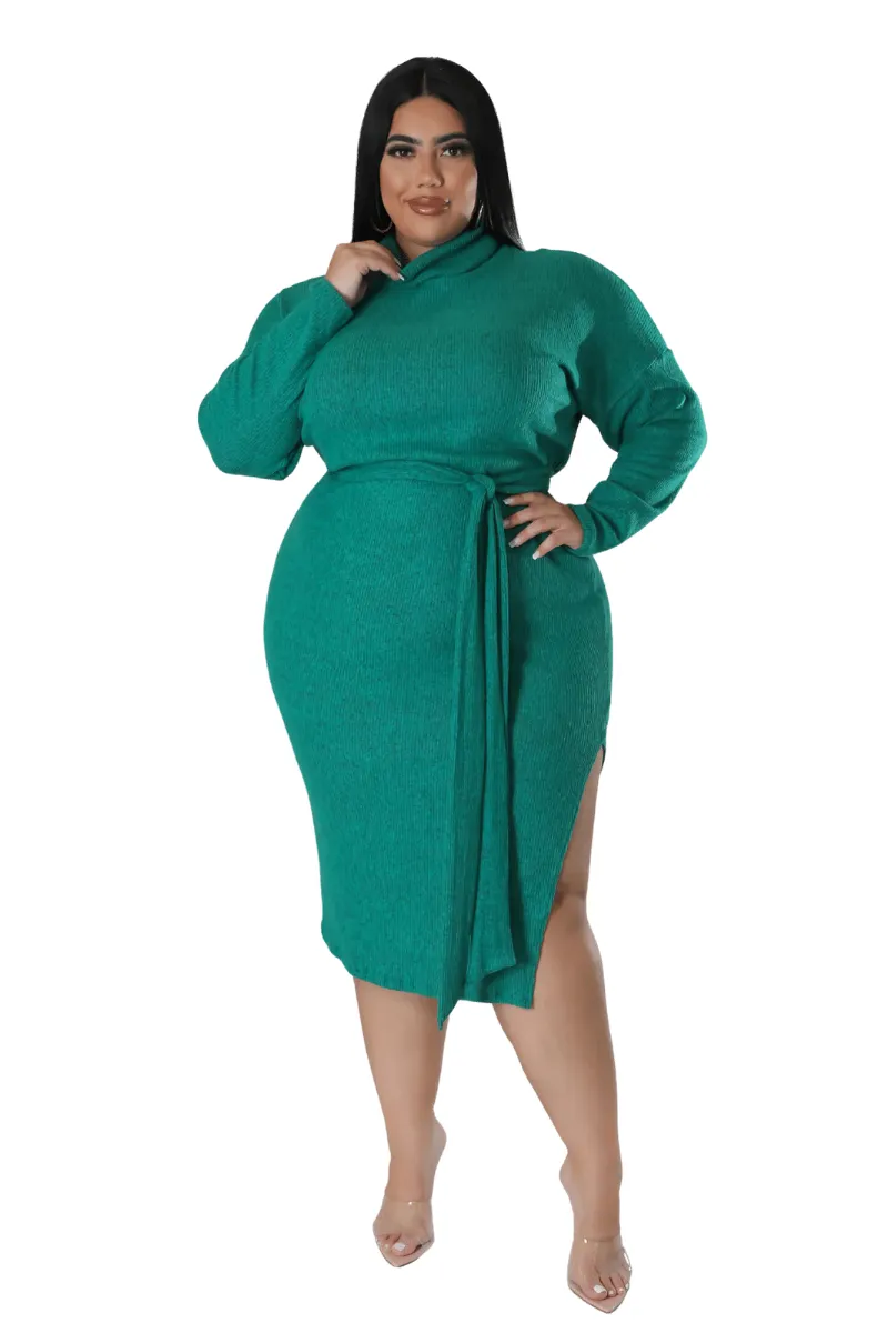 Final Sale Plus Size Long Sleeve Turtleneck Dress with Waist Tie and Slit in Green