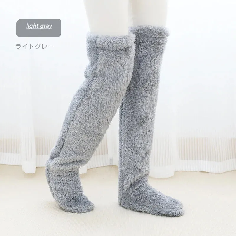 Fluffy Thigh High Socks Teddy Legs Snuggle Long Paws Fuzzy Leggings over Knee Slippers Hairy Stockings Floor Socks