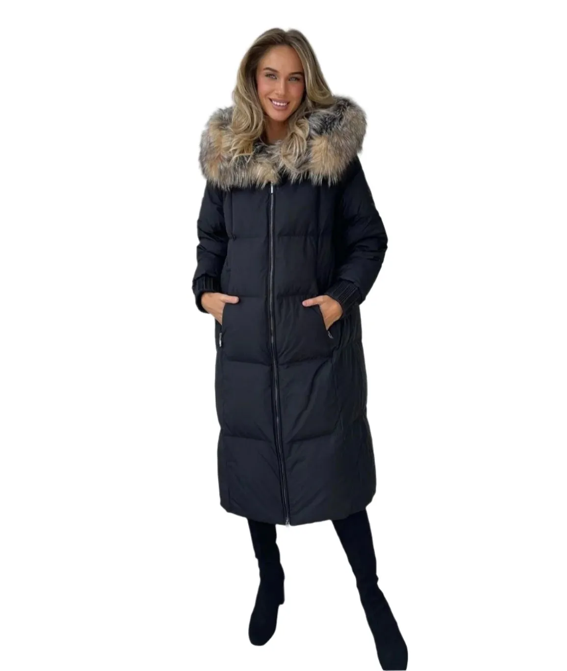 Genuine Silver Fox Fur Trim Long Down Fill Coat