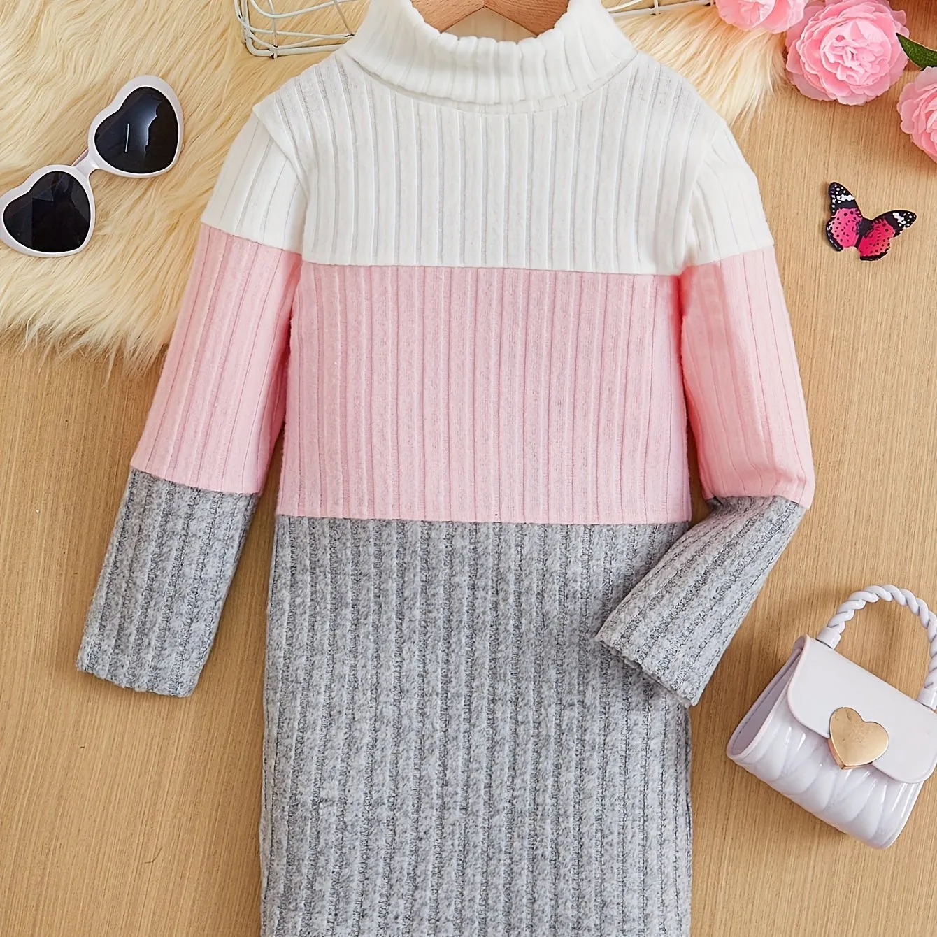 Girls Splicing Ribbed Knit Turtleneck Dress Kids Clothes Party Gift 3-8Y