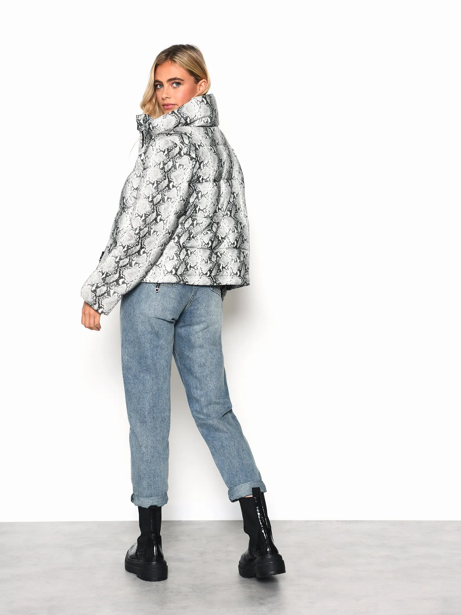 Glamorous Snakeskin Pattern PU Puffer Coat