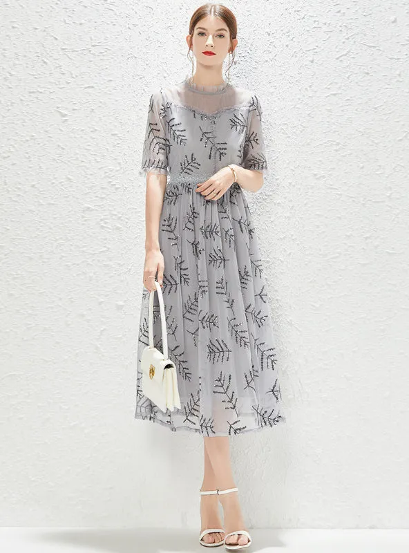 Grey Gauze Sequined Short Sleeve Dress