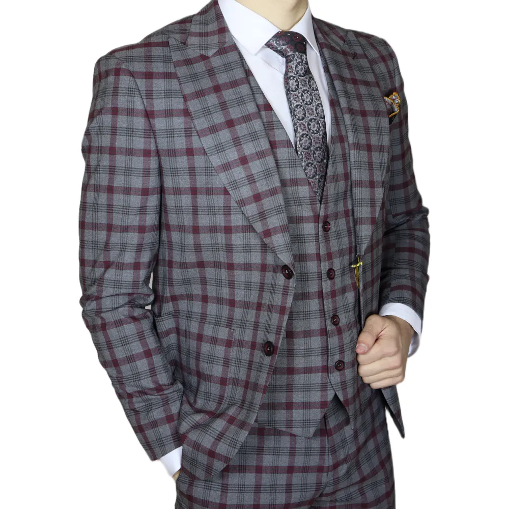 Grey Red Plaid Avanti Milano Wide Peak Lapel  Three Piece Suit