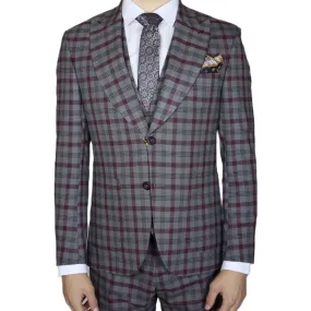 Grey Red Plaid Avanti Milano Wide Peak Lapel  Three Piece Suit