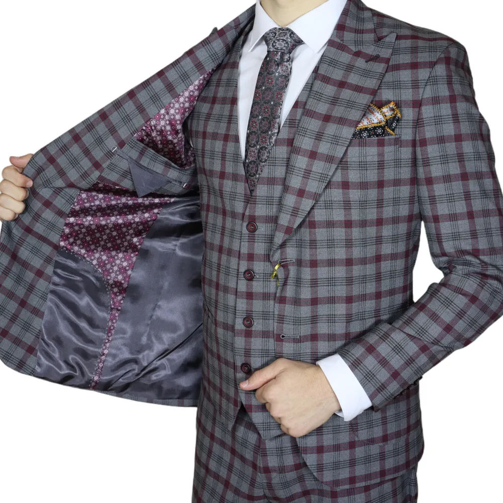 Grey Red Plaid Avanti Milano Wide Peak Lapel  Three Piece Suit