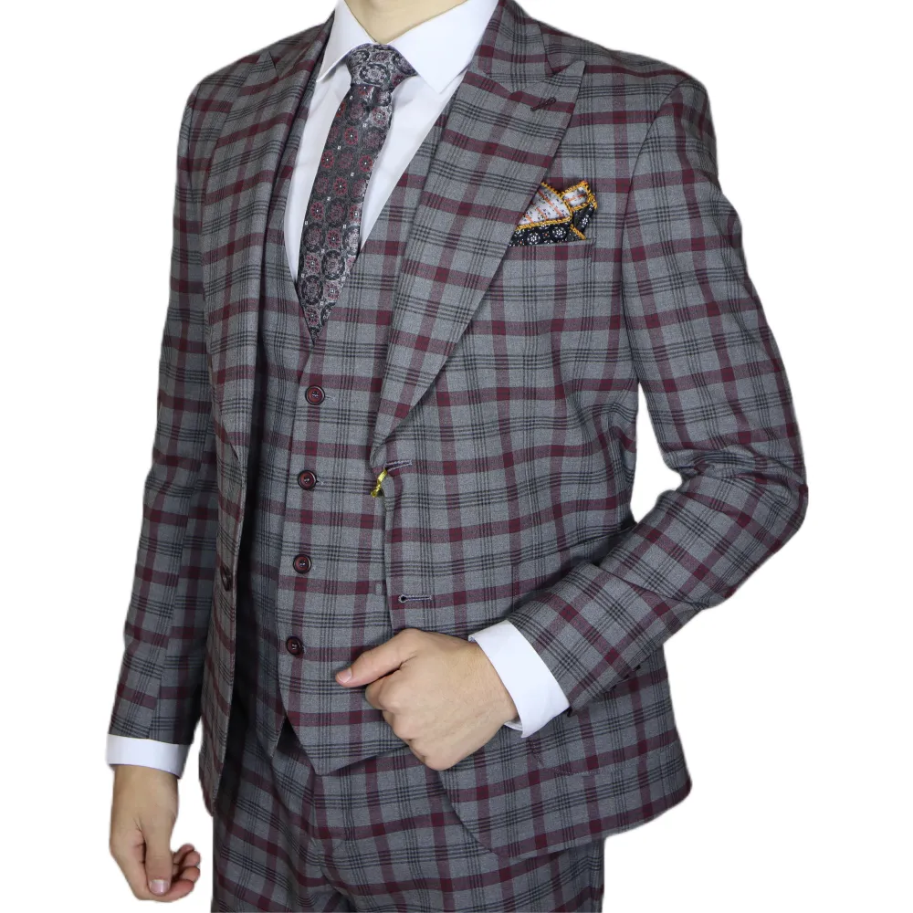 Grey Red Plaid Avanti Milano Wide Peak Lapel  Three Piece Suit