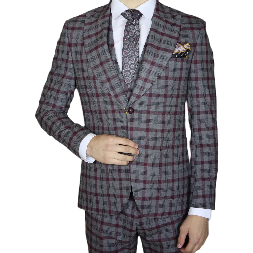 Grey Red Plaid Avanti Milano Wide Peak Lapel  Three Piece Suit