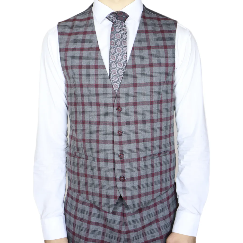 Grey Red Plaid Avanti Milano Wide Peak Lapel  Three Piece Suit