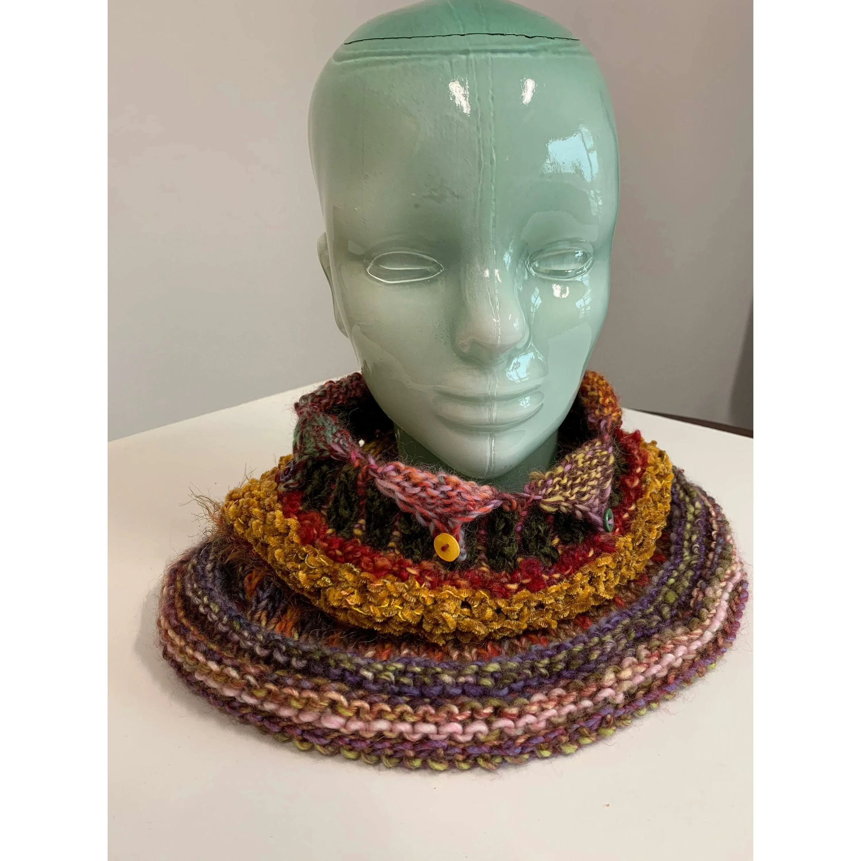 Hand knit soft infinity scarf shoulder wrap adornment with multiple stitch and color textures