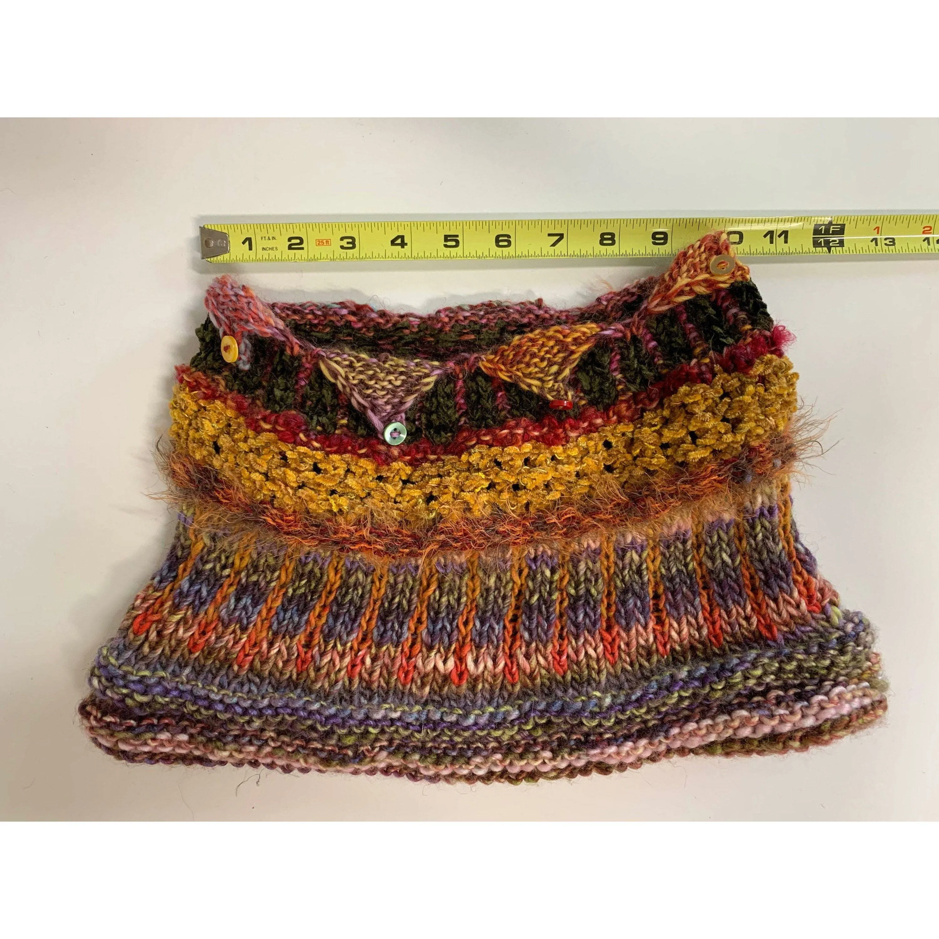 Hand knit soft infinity scarf shoulder wrap adornment with multiple stitch and color textures