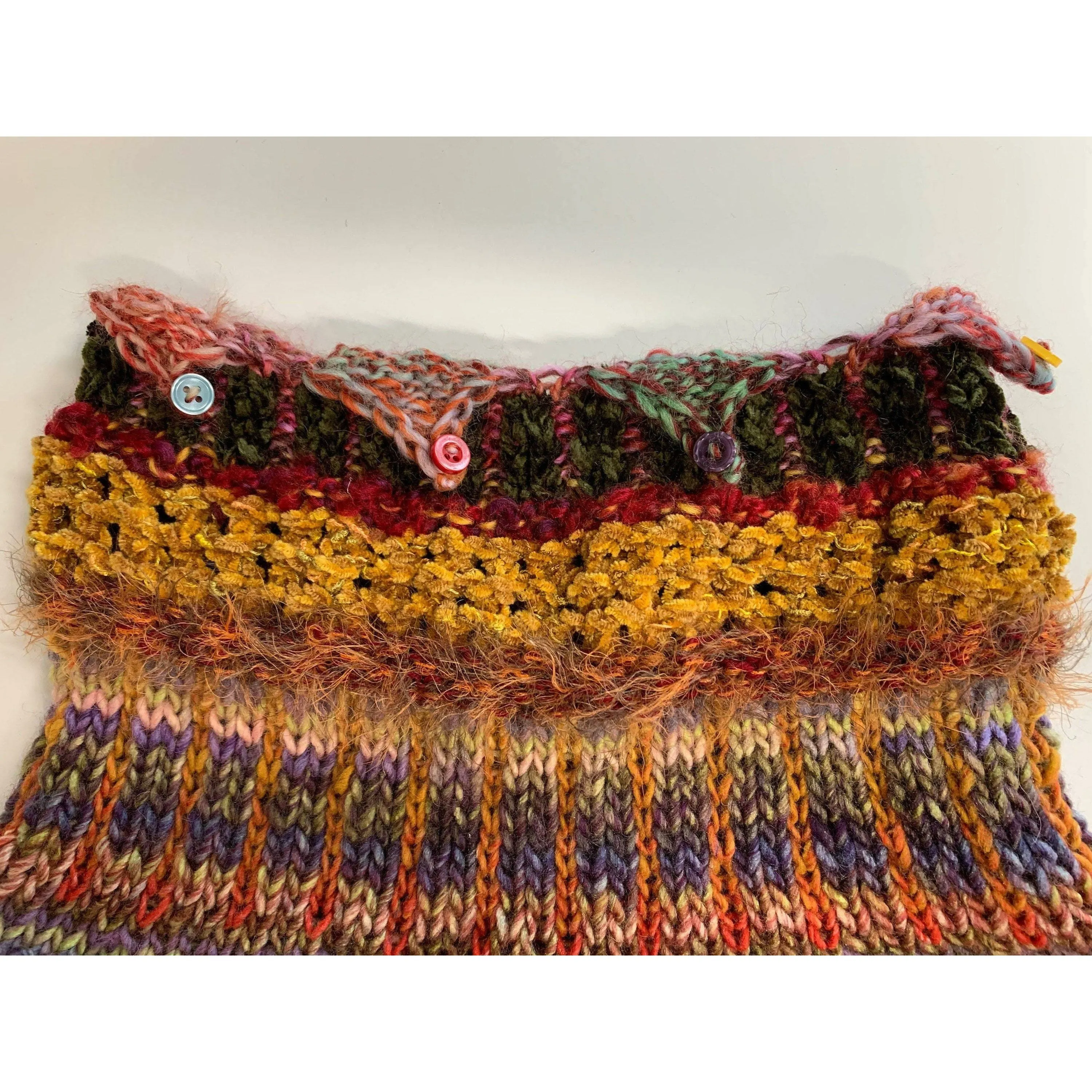 Hand knit soft infinity scarf shoulder wrap adornment with multiple stitch and color textures