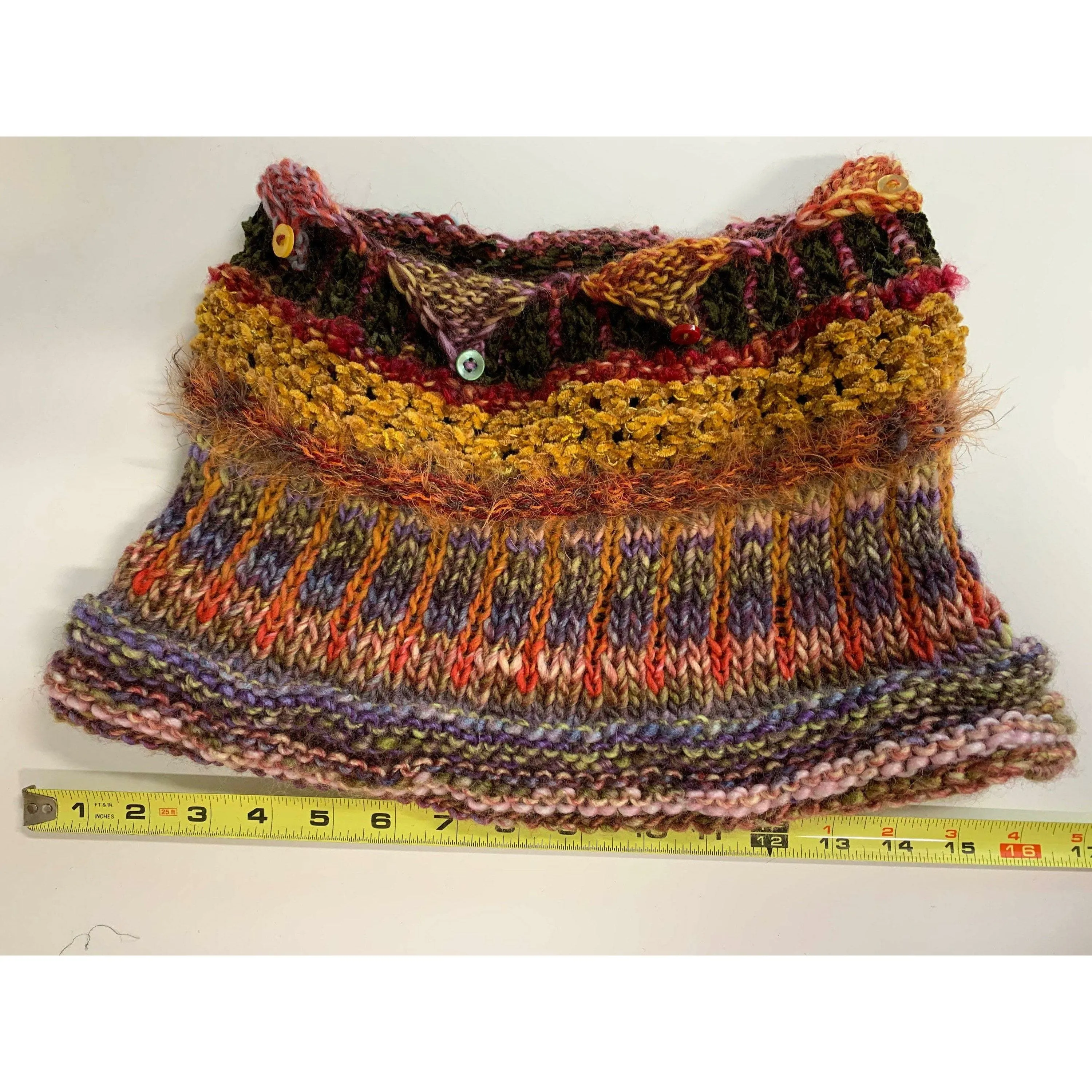 Hand knit soft infinity scarf shoulder wrap adornment with multiple stitch and color textures