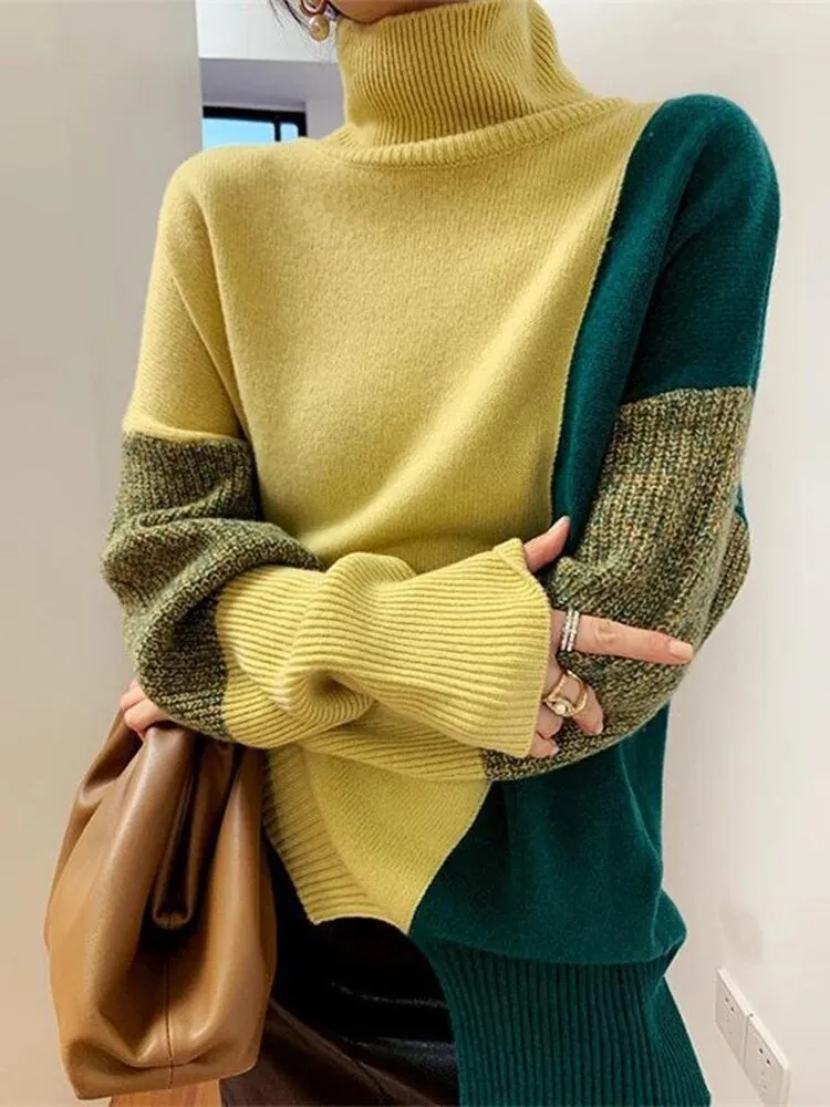 Hit Color Sweater For Women Turtleneck Long Sleeve Causal Loose Knitting Pullover Sweater Female Fashion Clothing