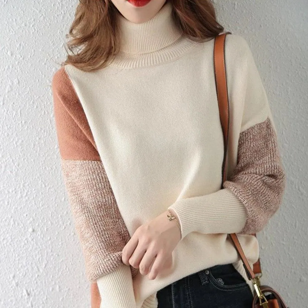 Hit Color Sweater For Women Turtleneck Long Sleeve Causal Loose Knitting Pullover Sweater Female Fashion Clothing