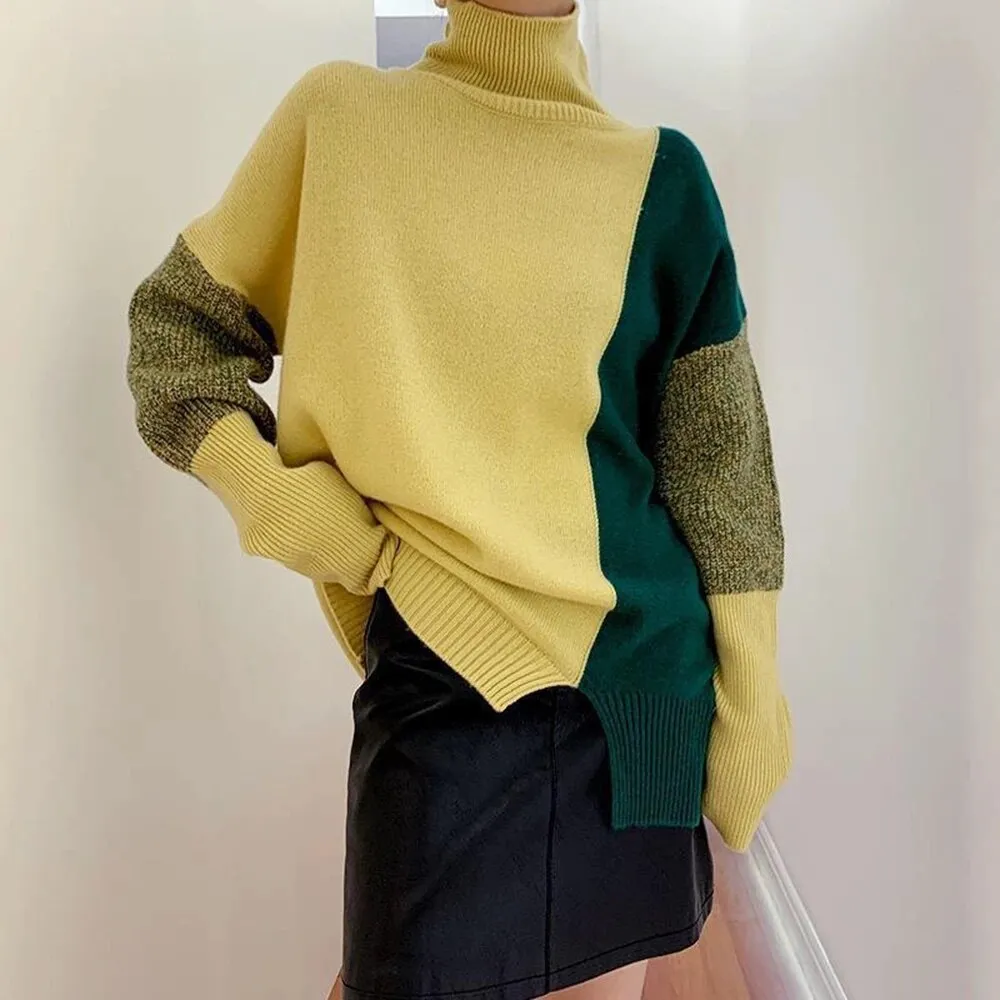 Hit Color Sweater For Women Turtleneck Long Sleeve Causal Loose Knitting Pullover Sweater Female Fashion Clothing