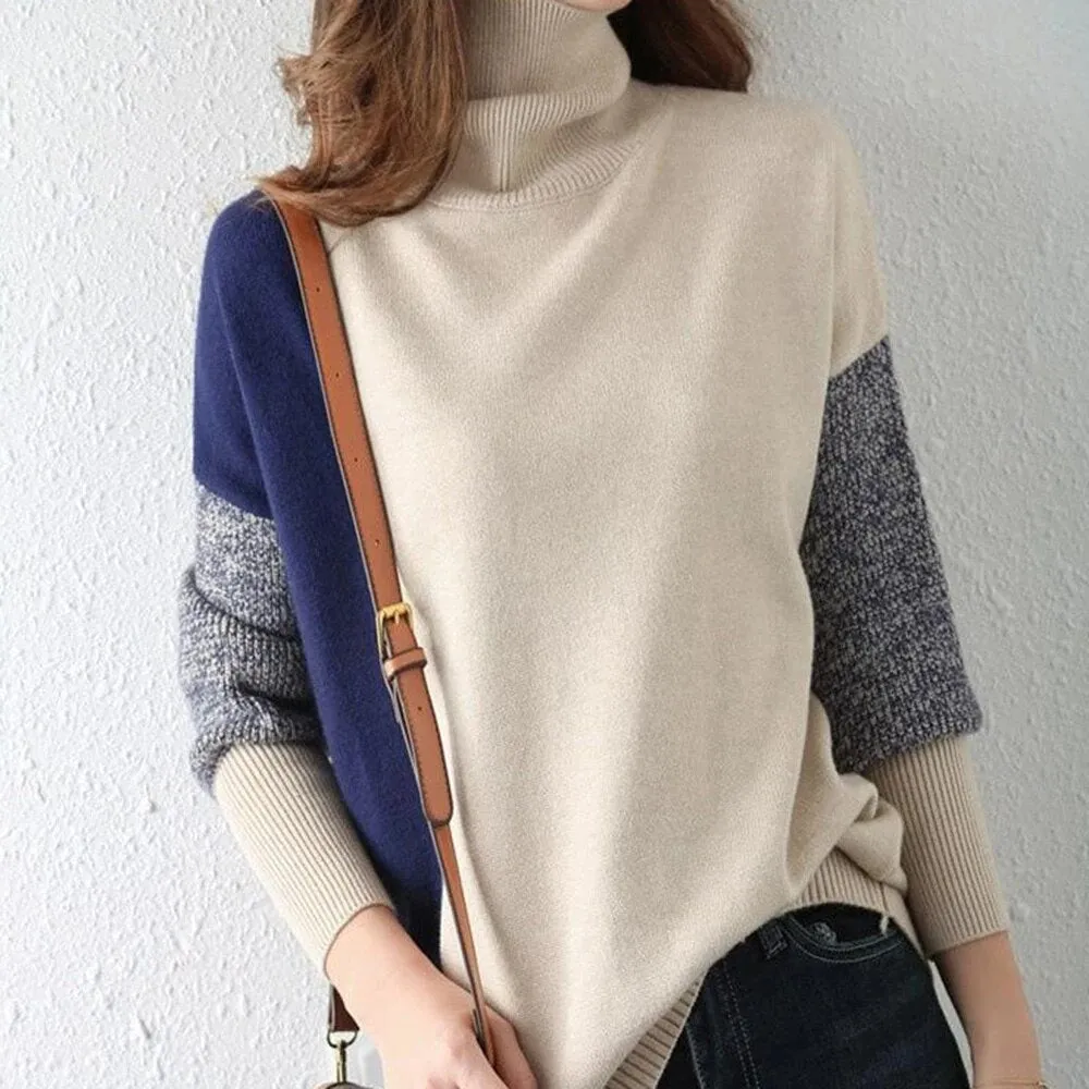 Hit Color Sweater For Women Turtleneck Long Sleeve Causal Loose Knitting Pullover Sweater Female Fashion Clothing