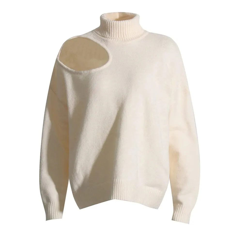 Hole Hollow Out Sweaters For Women Turtleneck Long Sleeve Solid Knitting Pullover Female Clothing Autumn Style