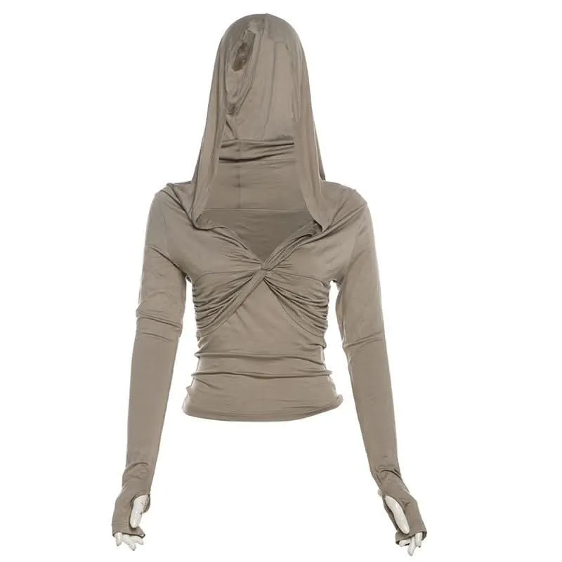 Hoodie long sleeve gloves knotted ruched v neck top