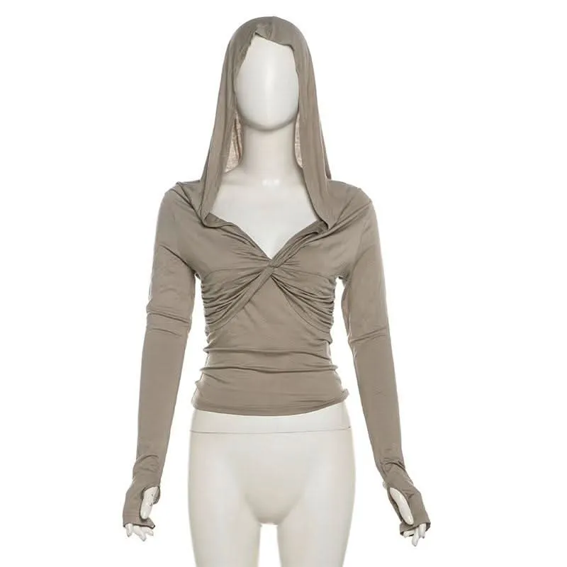 Hoodie long sleeve gloves knotted ruched v neck top