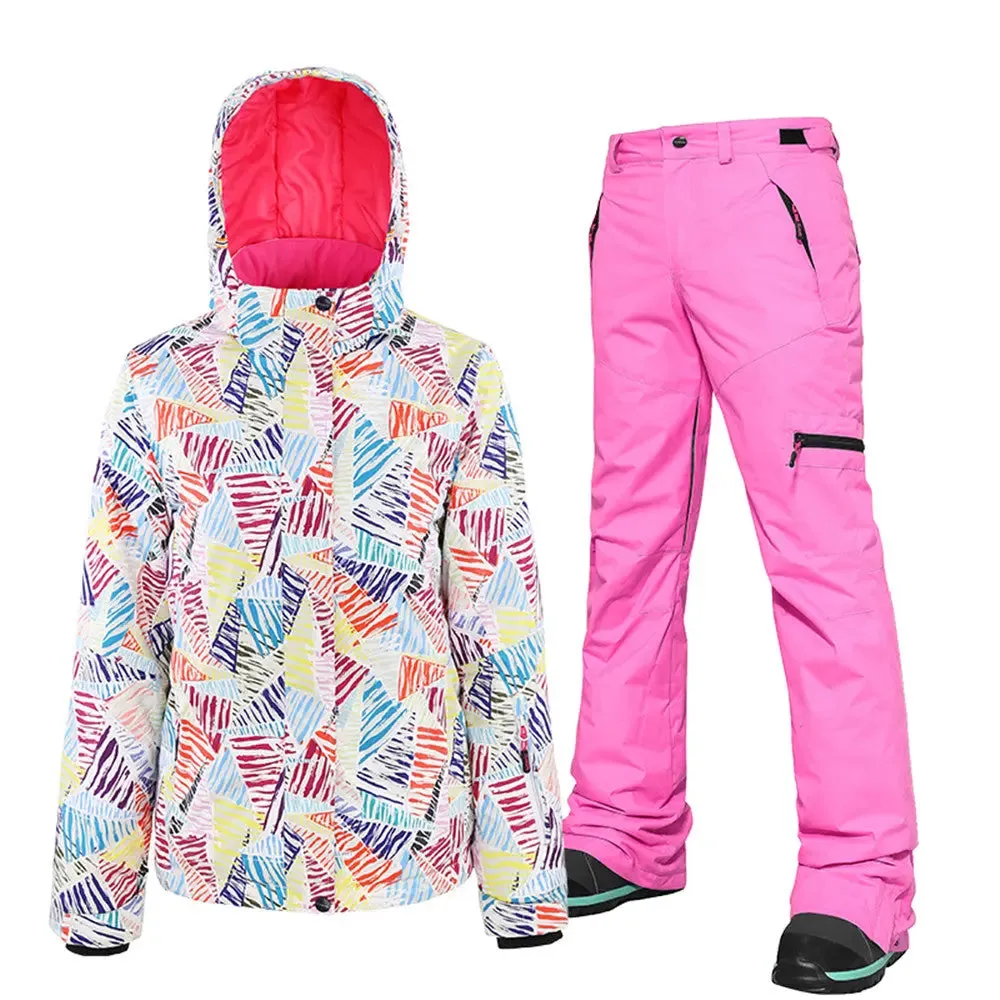 HOTIAN Women's Waterproof Colorful Printed Ski Jacket and Pants Set