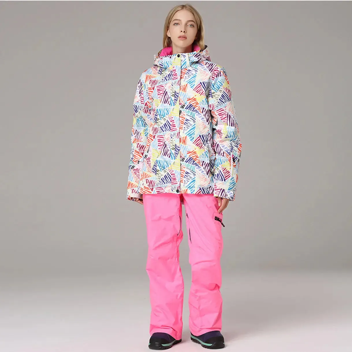 HOTIAN Women's Waterproof Colorful Printed Ski Jacket and Pants Set