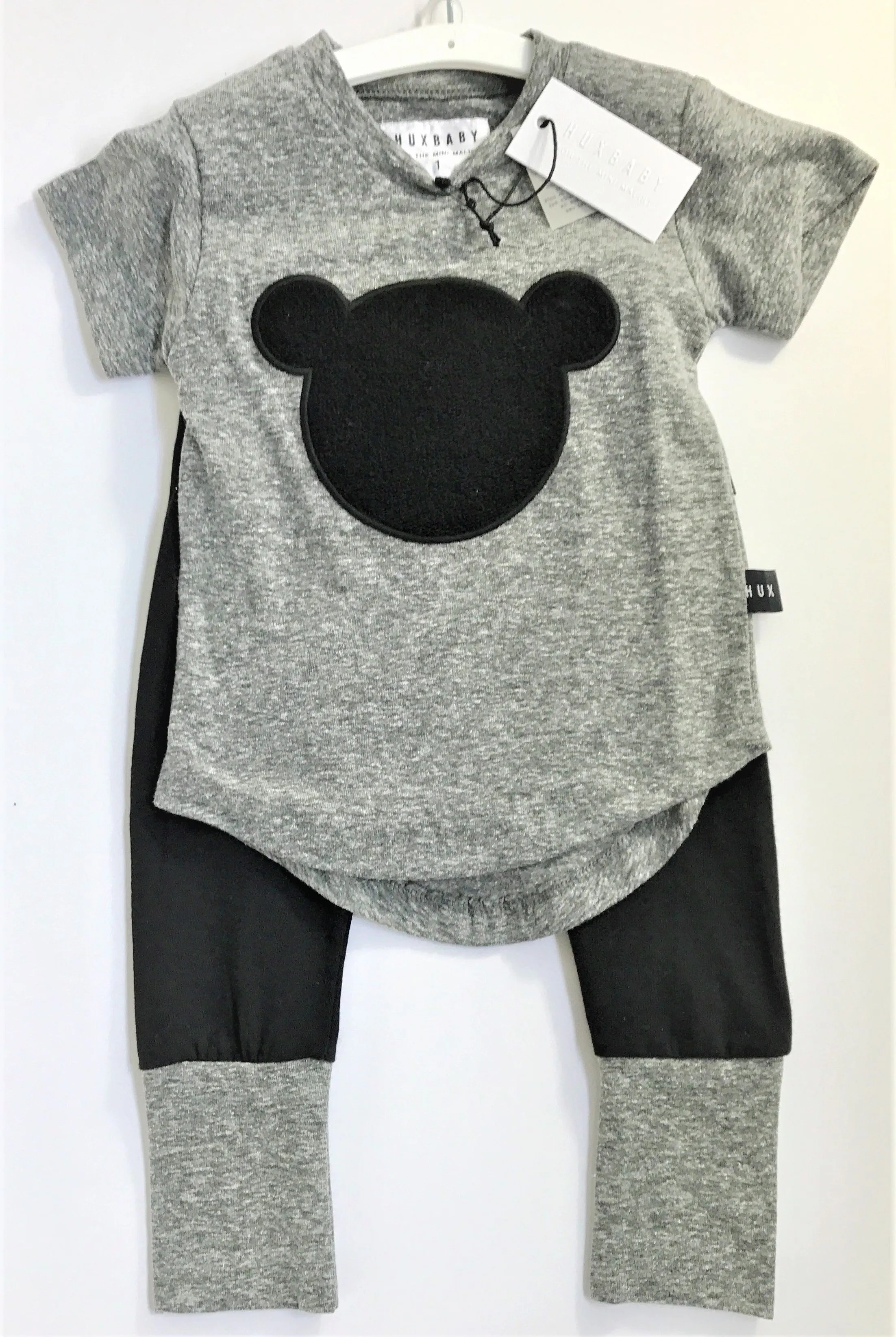 HUXBABY BLK/Grey ORGANIC COTTON 2PC LEGGINGS SET WITH TEDDY  BEAR APPLIQUE