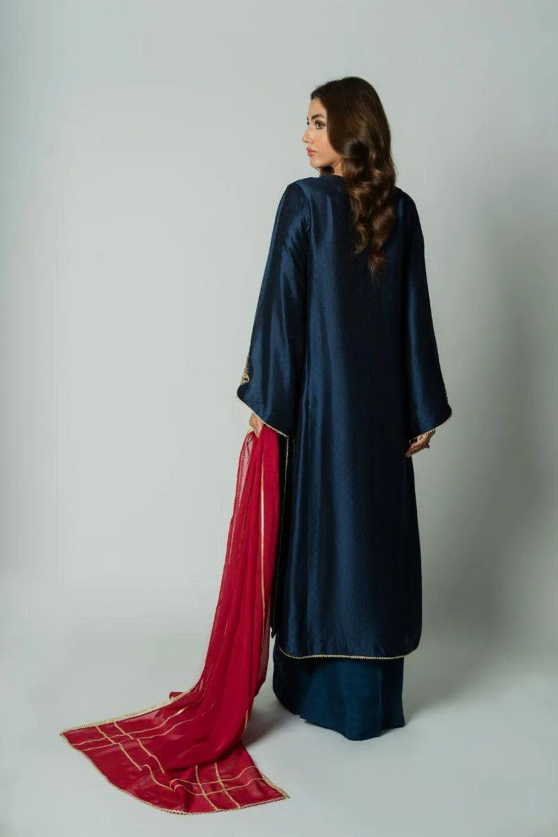 Insia Sohail - Leila - Navy - Embossed Silk